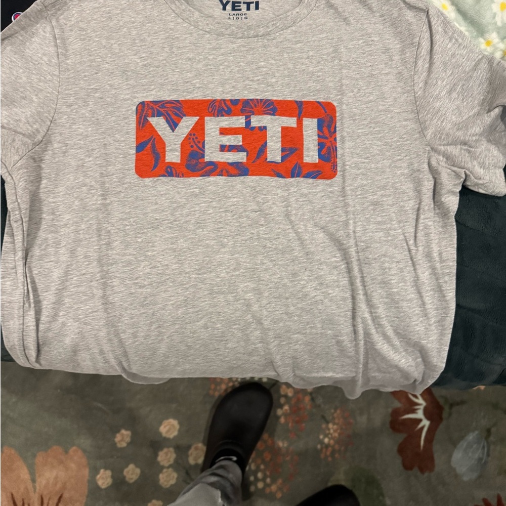 Yeti Heather Gray Tee with Orange Floral Blue Accents